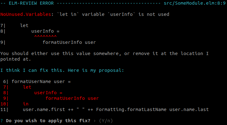 elm-review reporting the unused variable and proposing a fix
