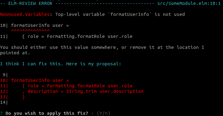 elm-review reporting formatUserInfo and proposing a fix