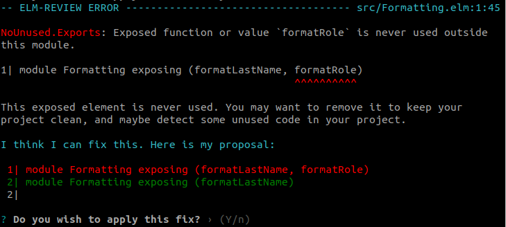 elm-review reporting unused export and proposing a fix