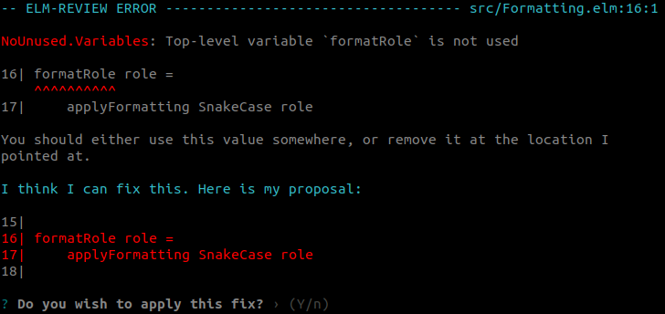 elm-review reporting unused formatRole function and proposing a fix