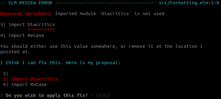 elm-review reporting unused import and proposing a fix
