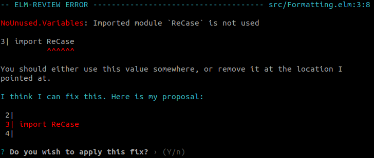 elm-review reporting another unused import and proposing a fix