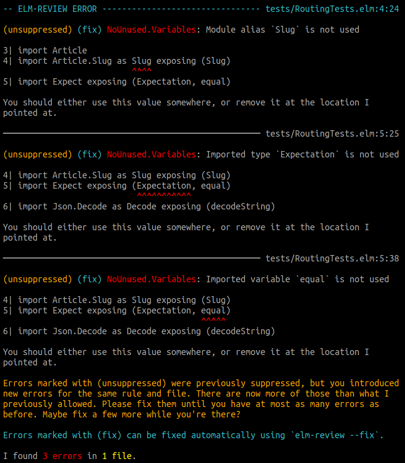 elm-review output reporting unsuppressed errors.
